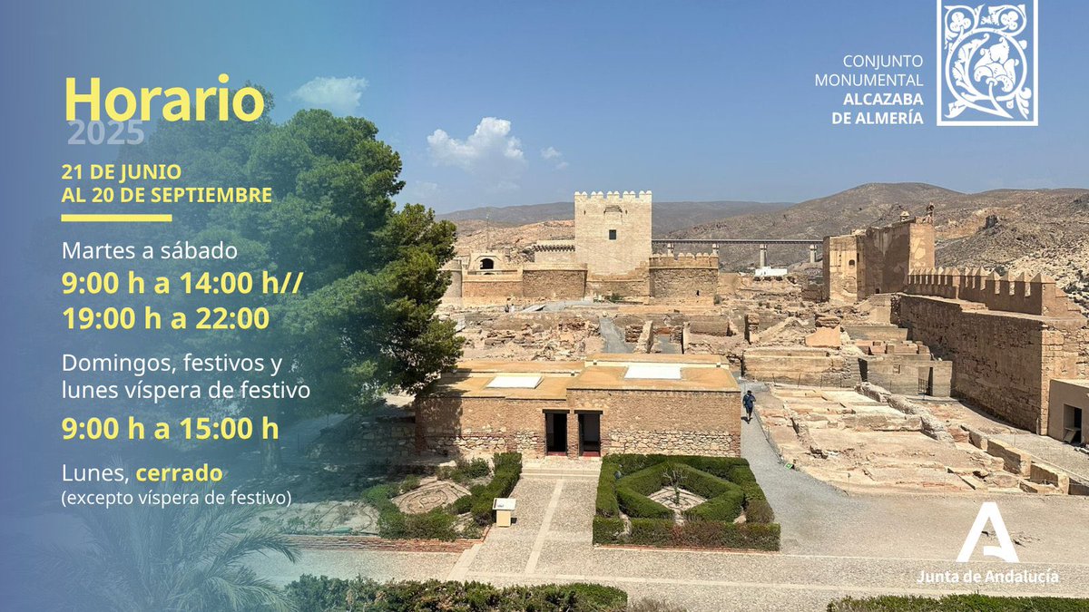 #HorarioAlcazaba | Horario de verano en la #AlcazabaAlmeria🌞

📆 Martes a sábado: de 9:00 h a 14:00 h y de 19:00 h a 22:00 h

📆 Domingos, festivos y lunes vísperas de festivo: de 9:00 h a 15:00 h

📆 Lunes cerrado

¡Visítanos! ¡Te esperamos!