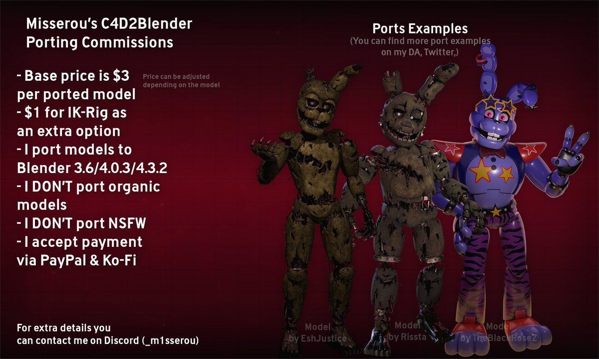 _m1sserou's tweet image. Decided to re-open my c4d2blender commissions. If you have a question about commissioning a model, you can dm me on Discord (_m1sserou) so we can discuss the price.
(RTS are appreciated)