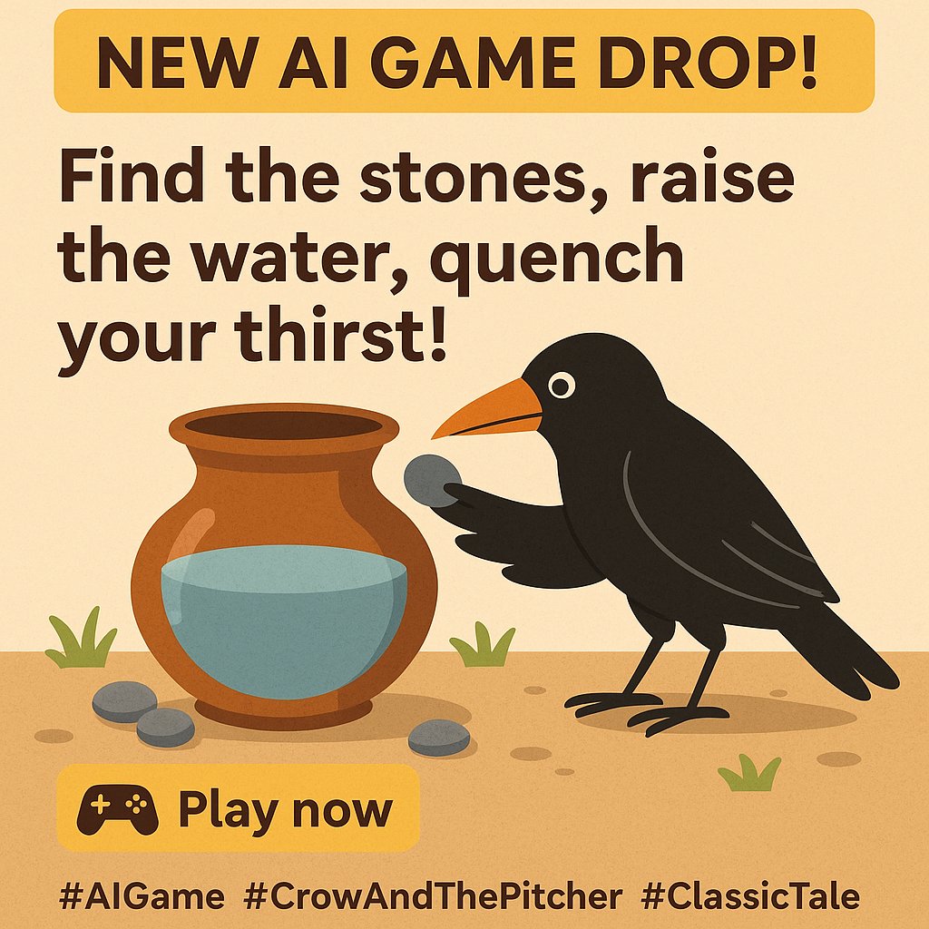 Pikachu_9003's tweet photo. 🚨 New AI Game Drop! 🚨
 Step into the beak of a clever crow! 🐦💡
 Find the stones, drop them into the pot, and raise the water level to quench your thirst — just like the classic tale! 💧🪨
 🎮 Play now 👉 https://t.co/xK8oTT4GDh
#AIGame  #ClassicTale #PuzzleGame #IndieDevs https://t.co/4Ftt9lFCpe