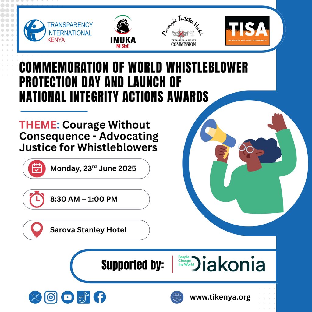📢 This World Whistleblower Protection Day, we’re standing up for those who speak out!

To commemorate the day and launch the National Integrity Actions Awards, <a href="/TIKenya/">TI-Kenya</a> <a href="/nisisikenya/">Ni Sisi!</a> <a href="/thekhrc/">KHRC</a> <a href="/TISAKenya/">@TisaKenya</a> are hosting a multi-stakeholder forum under the theme:

Courage without