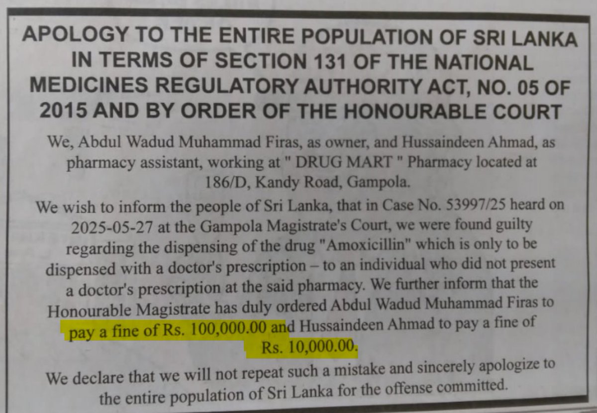 rangaba's tweet photo. An advertisement in today’s Morning paper by a pharmacy owner who has been fined Rs. 100,000 for selling a commonly prescribed antibiotic Amoxicillin without a doctor’s prescription. https://t.co/BerR3JMdiF