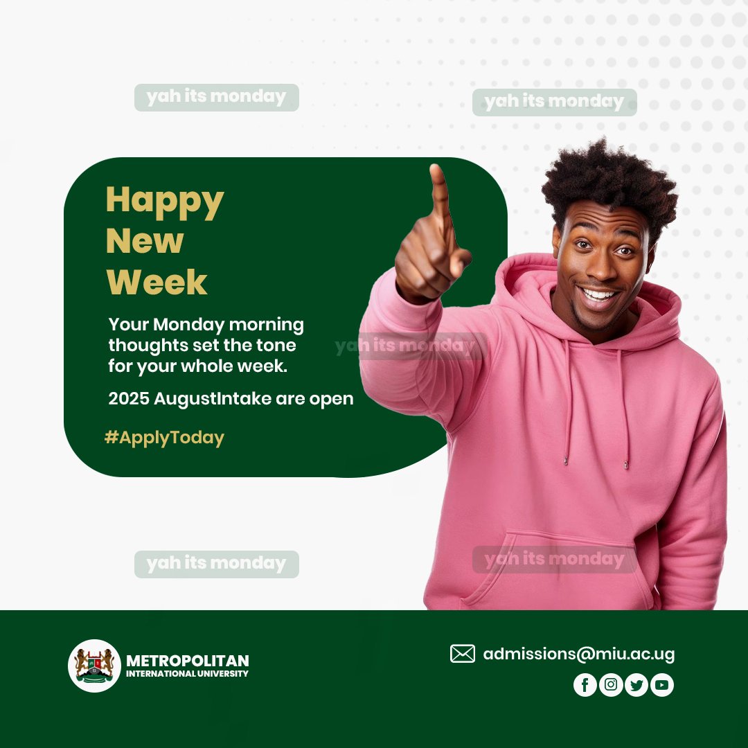 Metropolitan International University (@miu_uganda) on Twitter photo <a href="/MIU_Uganda/">Metropolitan International University</a> wishes you a happy new week, a week of opportunities. Grab your opportunity to study on a bursary by just applying online for a course of your dream via miu.ac.ug/apply-online and join us this August Intake.
#newweek #newweekgoals
#PreventionStartsWithMe
Kitalo
LYCA <a href="/MIU_Uganda/">Metropolitan International University</a> wishes you a happy new week, a week of opportunities. Grab your opportunity to study on a bursary by just applying online for a course of your dream via miu.ac.ug/apply-online and join us this August Intake.
#newweek #newweekgoals
#PreventionStartsWithMe
Kitalo
LYCA