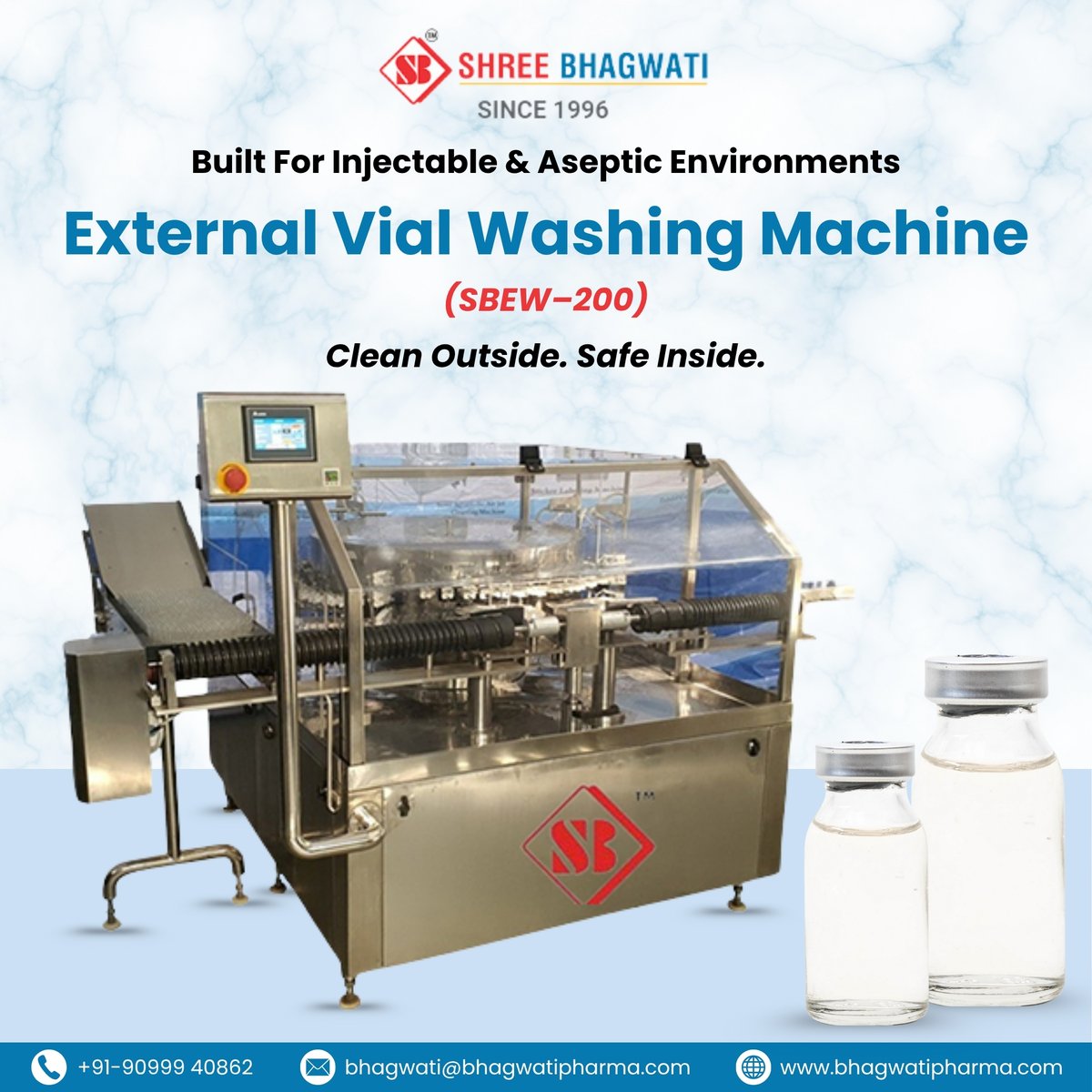 bhagwatipharma1's tweet photo. Ensure total vial hygiene with Shree Bhagwati’s External Vial Washing Machine (SBEW–200). Wash up to 200 vials/min (5ml–100ml) with high-speed water &amp; air jets. Built to meet GMP standards.
visit https://t.co/N6mogHwPw3
#shreebhagwatipharma #externalvialwashingmachine https://t.co/FSnNMyHBa4