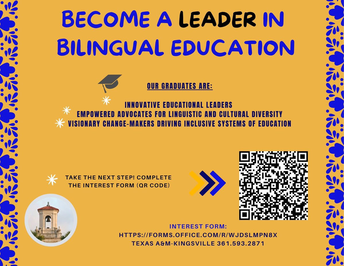 NGuzmanPhD's tweet image. 🎓 Become an Educational Leader in #BilingualEducation or #ESL
🌟 Ed.D. in Bilingual Education
📌 Ready to make an impact?
Join a group of: 🎯 Innovative Ed Leaders
🎯Empowered Advocates for CLD 🎯Visionary Change-Makers
Interest Form: tinyurl.com/Doctoral-Inter…