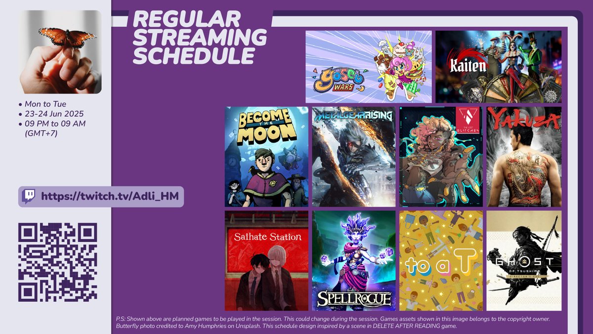 Hello, at twitch.tv/Adli_HM, I'm gonna stream:

Yakuza, Saihate Station, Metal Gear Rising: Revengeance, Yosei Wars (<a href="/RAWRLABGames/">RAWRLAB Games</a>), SpellRogue (<a href="/Spellrogue/">SpellRogue 🎲 1.0 OUT NOW!</a>), to a T, The Lost Glitches (<a href="/TheLostGlitches/">The Lost Glitches</a>), Become the Moon (<a href="/alibi_games/">Alibi Games</a>), Kaiten (<a href="/FragilentI/">Fragilent Interacitve</a>), Ghost oTsushima
