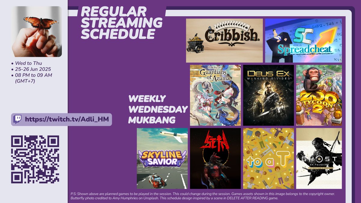 And:

..., Skyline Savior (<a href="/beyondhorizonga/">Beyond Horizon Games</a>), Cribbish (<a href="/FencePostGames/">Jinx Cribnibs</a>), Seth (<a href="/Cha0tic_Games/">Chaotic Games ➡️ Wishlist "Seth" Now on Steam !</a>), SpreadCheat (<a href="/KillerInCabin/">Games People Play</a>), Ghost of Tsushima.

Catch me live at twitch.tv/Adli_HM :) Thx

*subject to change
- Tweet 2/2