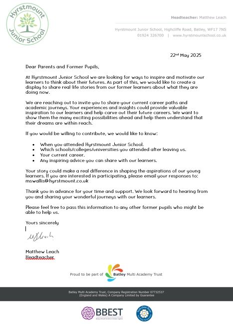 Thank you to everyone who has already responded to our letter asking past learners to tell us about their careers. There is still time to get in touch if you would like to inspire our current learners.