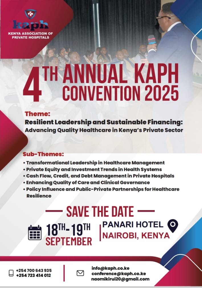 Register for the KAPH 4th Annual Convention by 4th July and enjoy discounted rates!
🗓️ 18–19 Sept 2025 | 📍Panari Hotel, Nairobi
Theme: Resilient Leadership &amp; Sustainable Financing
🔗 Register: forms.gle/PnSDLWZqKg2qba…
#KAPH2025 #HealthcareKenya #PrivateHealthKE