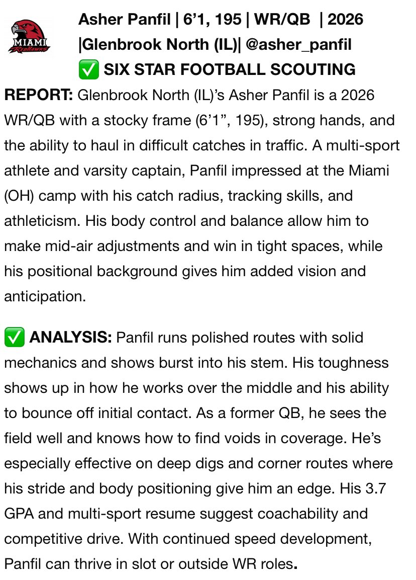 Asher Panfil (@asher_panfil) on Twitter photo Thank you <a href="/sixstarfootball/">Six Star Football | PLUS+</a> for the write-up from the <a href="/MiamiOHFootball/">Miami Football</a> mega camp.
<a href="/MattPurdyOLC/">Matt Purdy</a> <a href="/EJFields09/">Eliot Fields</a> <a href="/EDGYTIM/">Timothy “EDGYTIM” OHalloran</a> <a href="/DeepDishFB/">DEEP DISH FOOTBALL</a> <a href="/LemmingReport/">Tom Lemming</a> Thank you <a href="/sixstarfootball/">Six Star Football | PLUS+</a> for the write-up from the <a href="/MiamiOHFootball/">Miami Football</a> mega camp.
<a href="/MattPurdyOLC/">Matt Purdy</a> <a href="/EJFields09/">Eliot Fields</a> <a href="/EDGYTIM/">Timothy “EDGYTIM” OHalloran</a> <a href="/DeepDishFB/">DEEP DISH FOOTBALL</a> <a href="/LemmingReport/">Tom Lemming</a>