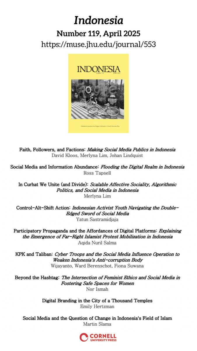 Just published, a special issue of Indonesia (Cornell UP), on "Social Media &amp; Society in Indonesia" co-edited by David Kloos, Johan Lindquist, and me. muse.jhu.edu/issue/54978