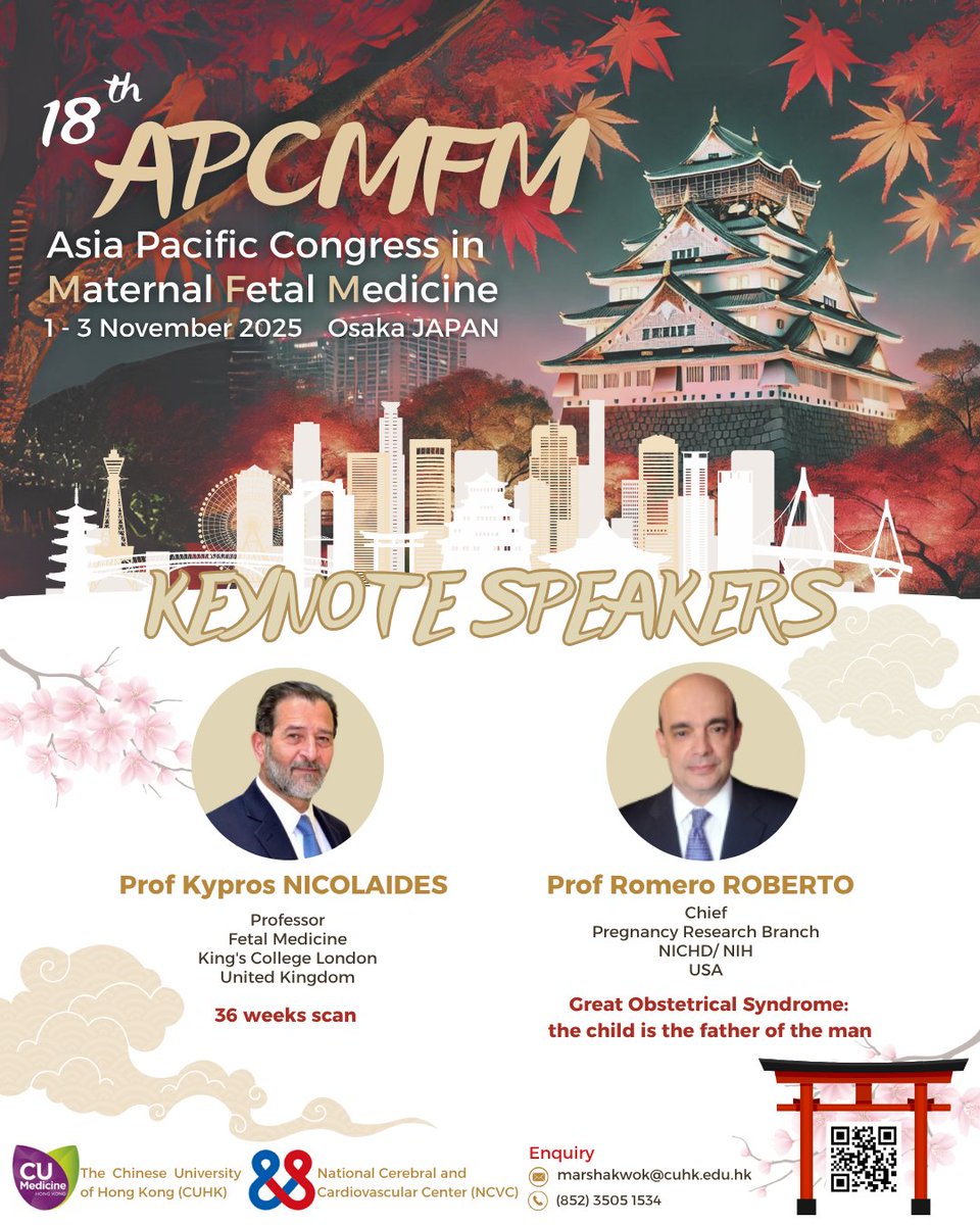 🎉 Join us at APCMFM 2025 in Osaka!
🗓 Nov 1–2 (Congress) | Nov 3 (Workshop)
🎤 Keynotes: Prof Nicolaides &amp; Prof Romero
🚨 Abstracts open till Aug 31!
📥 Submit: shorturl.at/QjjxP
🔗 Info: obg.cuhk.edu.hk/apcmfm/apcmfm-…

#APCMFM #CUHKMed #MFM