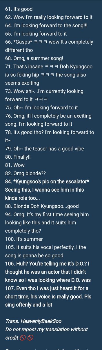[Theqoo] Knetz reaction to Kyungsoo's first full album &lt;BLISS&gt; "SING ALONG!" MV teaser 01 (Popular post with 110+ comments, still counting)

29. Wow maybe it's because he's good at acting, even tho it was a short video, he liven up the vibes so fcking well 

34. The beat of the