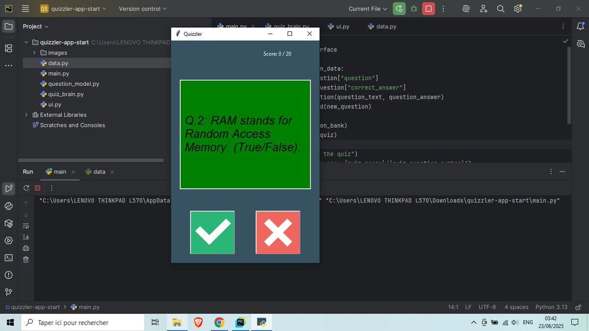 ThegamerZed's tweet photo. Day 34 of #100DaysOfCode:
Upgraded my quiz app with a GUI and fully refactored it using OOP!
✅ Built with tkinter, fetched data  using requests module from a trivia website 
✅ Classes: QuizBrain, UI with tkinter
✅ Cleaner, modular, and scalable code
 #Python https://t.co/6iCo9HhJks