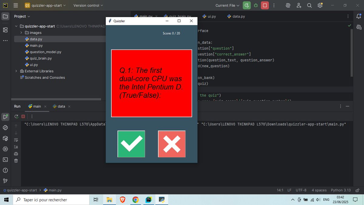 ThegamerZed's tweet photo. Day 34 of #100DaysOfCode:
Upgraded my quiz app with a GUI and fully refactored it using OOP!
✅ Built with tkinter, fetched data  using requests module from a trivia website 
✅ Classes: QuizBrain, UI with tkinter
✅ Cleaner, modular, and scalable code
 #Python https://t.co/6iCo9HhJks