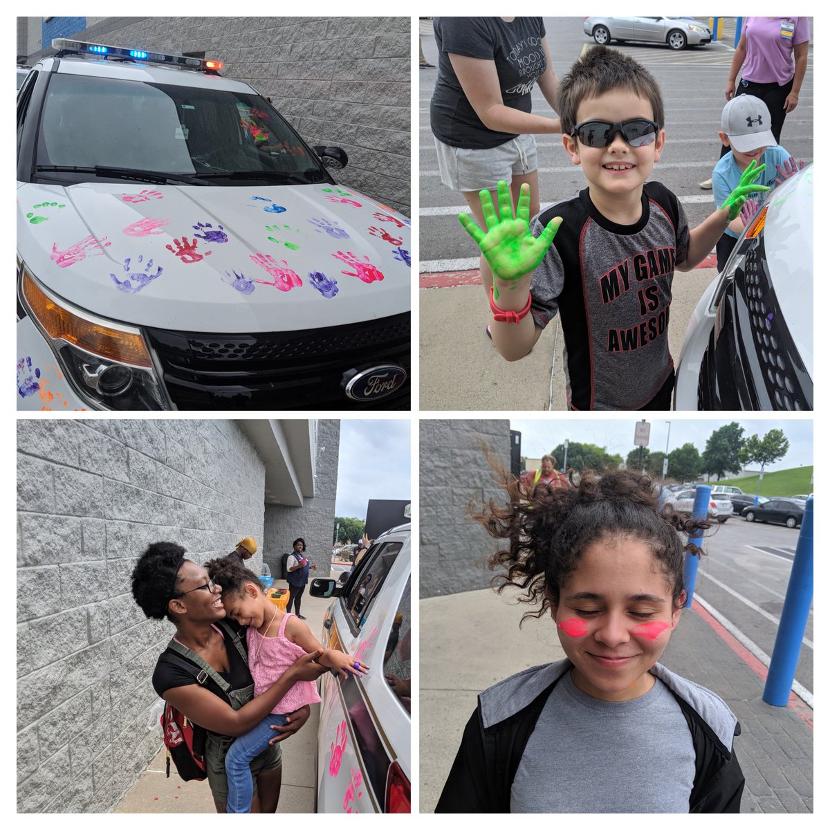 This is community. These are thing things I love about what I do. This is a few years ago, but it's a community event held by the Children's Miracle Network, at Walmart. 

Kids come out and use fingerprints on a patrol vehicle. Entirely washable and fun for the family.

More of