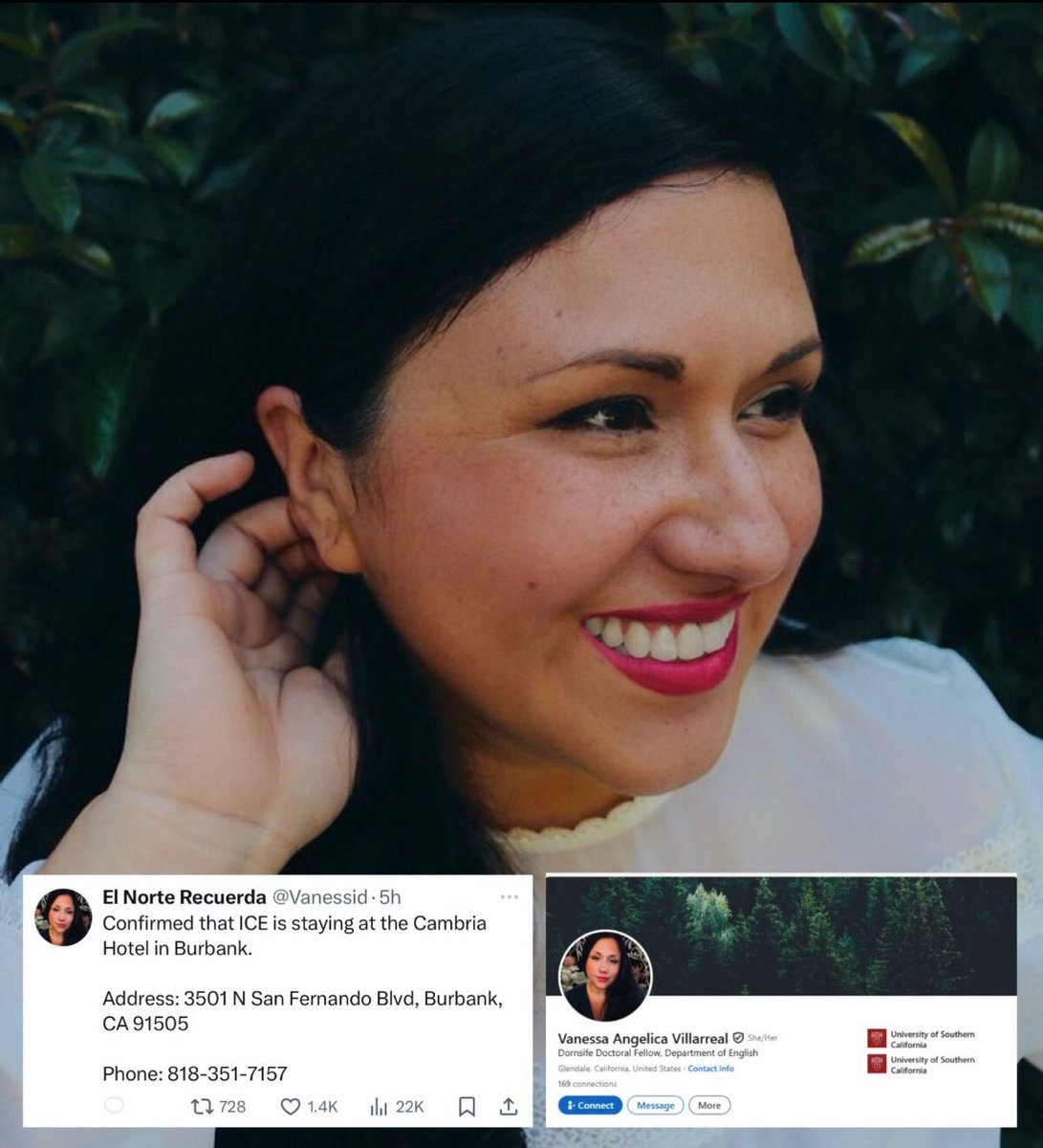This is Vanessa Angélica Villarreal, the person who exposed the hotel location of federal ICE officers an act clearly intended to put them in harm’s way.  Make her famous.