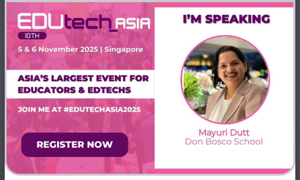 MayuriDutt2's tweet photo. I'm honoured to be speaking at#EDUtechAsia 2025, from 5-6 November at Sands Expo in Singapore! 🌏

Let’s spark conversations, share insights and shape what’s next. Join my session and see you in Singapore this November! 🙌

 https://t.co/oGnbs4NipE https://t.co/kyxIOqXjif