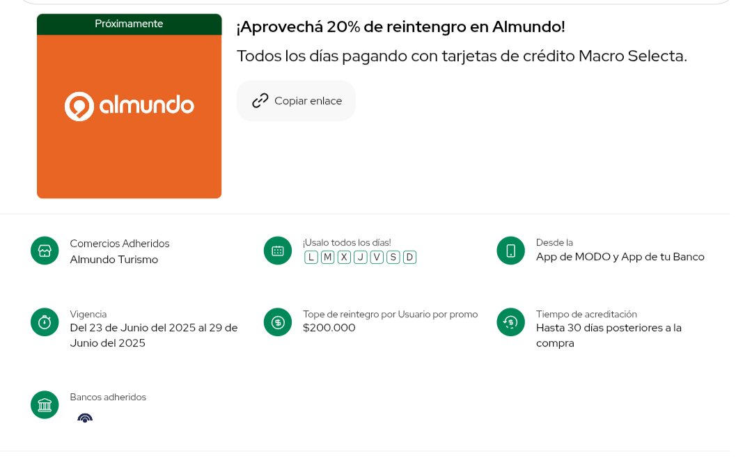 ahorrotwit's tweet photo. A partir de mañana se viene la semana #MacroSelecta en @almundo_ar
Vas a tener un 20% con tope de reintegro de $200.000 en servicios y aéreos nacionales pagando con tus tarjetas de crédito Macro black! 🤑
Si estás x sacar para las vacaciones de invierno este es el momento!!🏂 https://t.co/BFDfZcU1Wg