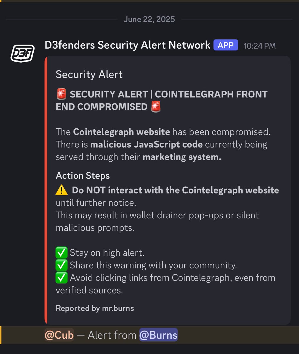 D3fenders | Web 3 Security Co. (@d3fenders) on Twitter photo 🚨 <a href="/Cointelegraph/">Cointelegraph</a> Front End Reportedly Compromised.
Stay safe out there.
Always verify links. Nothing is free. 🚨 <a href="/Cointelegraph/">Cointelegraph</a> Front End Reportedly Compromised.
Stay safe out there.
Always verify links. Nothing is free.