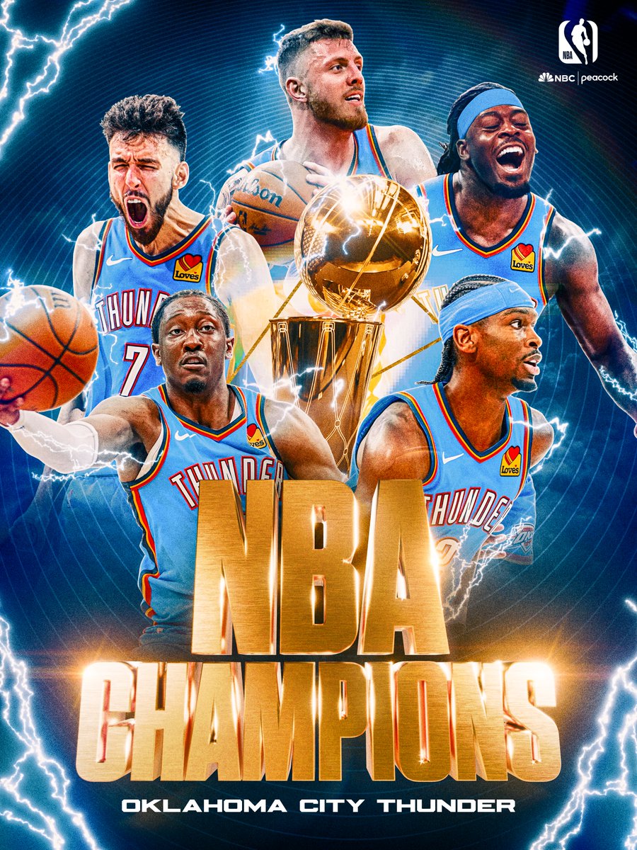 NBAonNBC's tweet photo. STORMED TO THE TITLE. 🌩️

THE OKLAHOMA CITY THUNDER ARE NBA CHAMPIONS. https://t.co/nyIVg4a23W