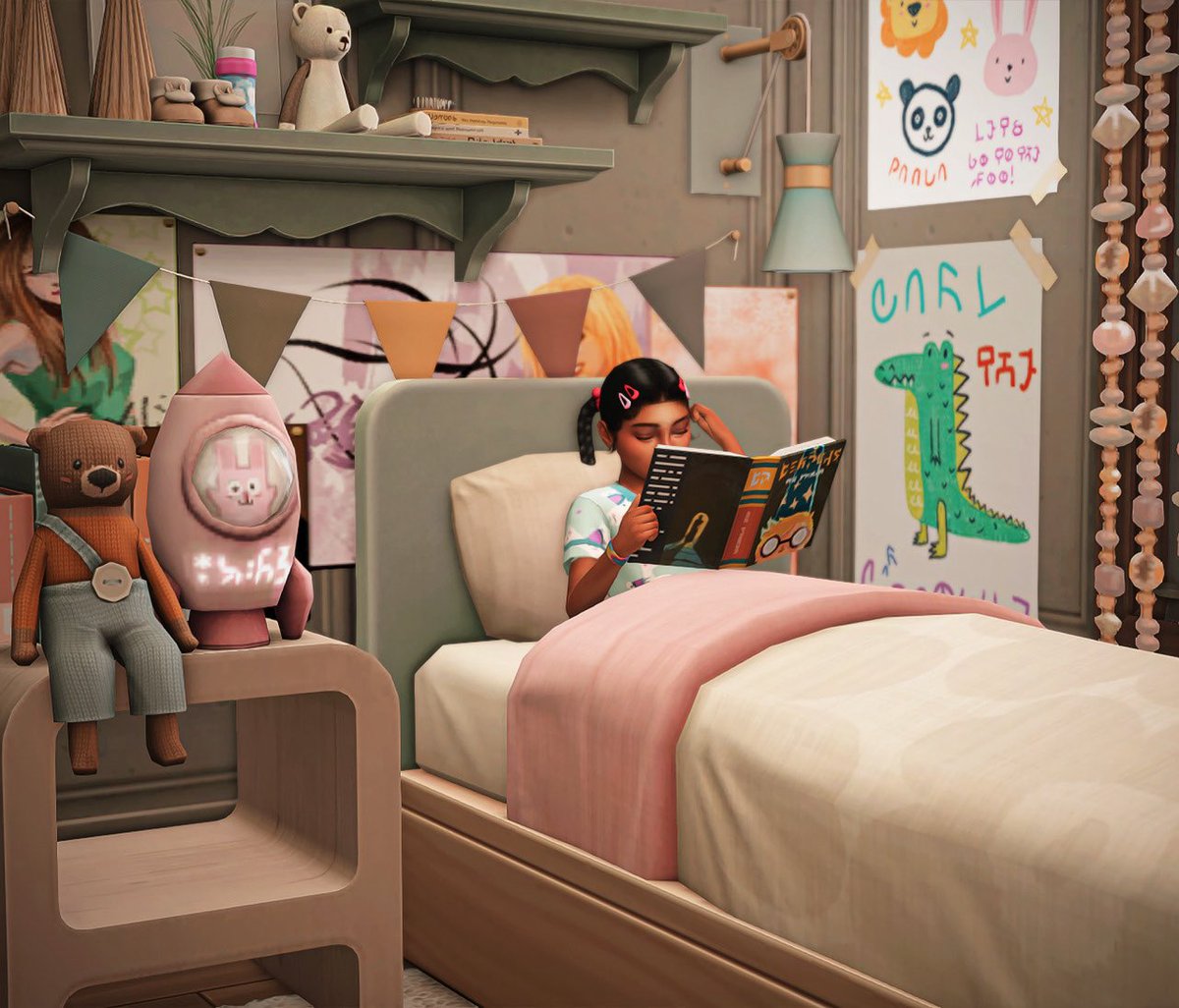 Back at home and Olympia's become obsessed with the Henry Puffer series 📚#Sims4