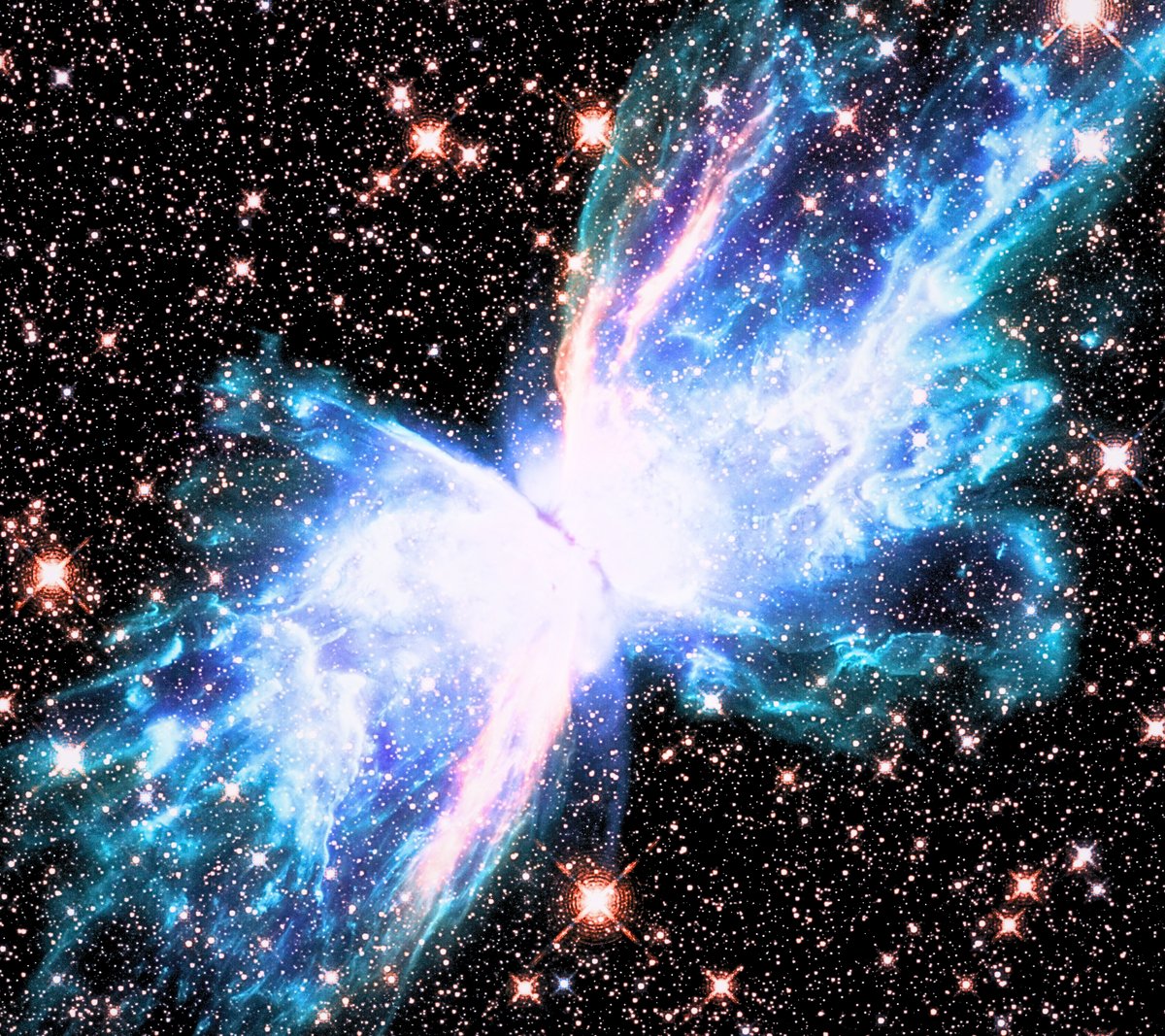 The glittering and dazzling #butterfly #nebula shown here in it's glory, the result of this shape being matter expelled for over 2200 years! This is located #NGC6302 #MilkyWay #galaxy,  3800 #lightyears away in the constellation of Scorpius.

#hubble #webb #space #universe
