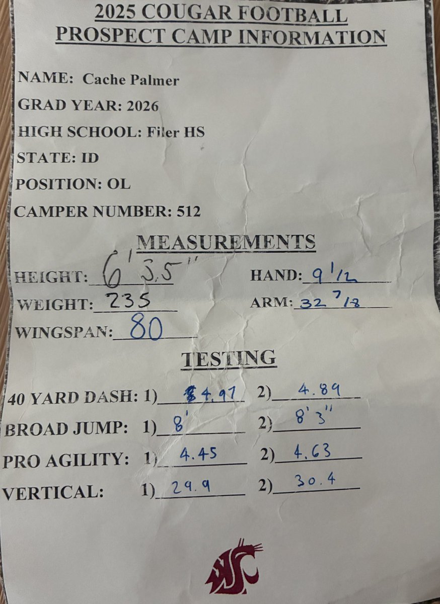 Cache_Palmer4's tweet photo. Great time at @WSUCougarFB camp and meeting the coaching staff, along with other colleges as well!! Here are my combine results from the Washington state camp!
@PrepRedzoneID @IdahoRecruitHub @CoachRife54 @BrandonHuffman @WazzuRogers @CoachLucasWazzu @CoachHurd54 @CoachGermer https://t.co/0Yk7HcXfym