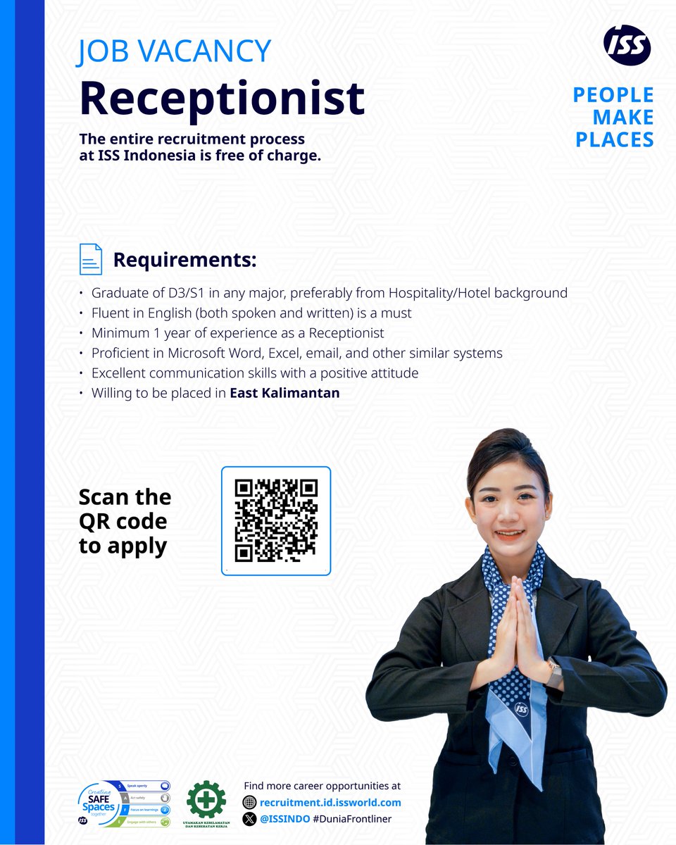 ISS Indonesia membuka lowongan untuk posisi Receptionist di area Kalimantan Timur! 

Silakan cek persyaratannya pada infografis berikut. Jika Anda merasa sesuai dengan kualifikasi, jangan ragu untuk melamar! 

#LowonganKerja #Receptionist #KalimantanTimur #JobVacancy