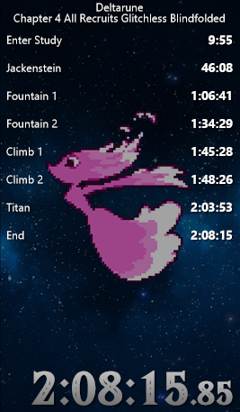 Deltarune Blindfolded Chapter 4 All Recruits (Glitchless) has officially been completed in 2:08:15! That makes four (or six) separate ch4 categories completed while blindfolded!