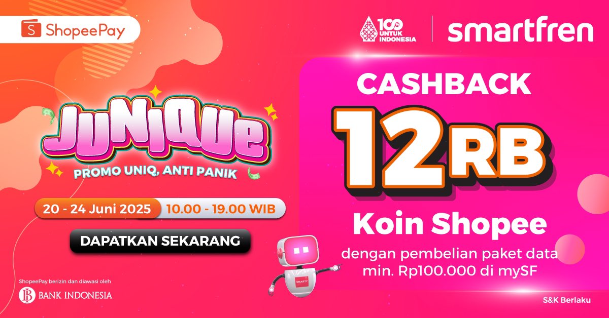 Promo Unik cuma di mySF! Dapetin 12rb Koin Shopee cuma dengan beli paket data min. 100rb di mySF. Buruan mumpung Flash Sale ☺

Landing Page :
s.id/PastiUntungdiM…

#smartfren #100PersenUntukIndonesia