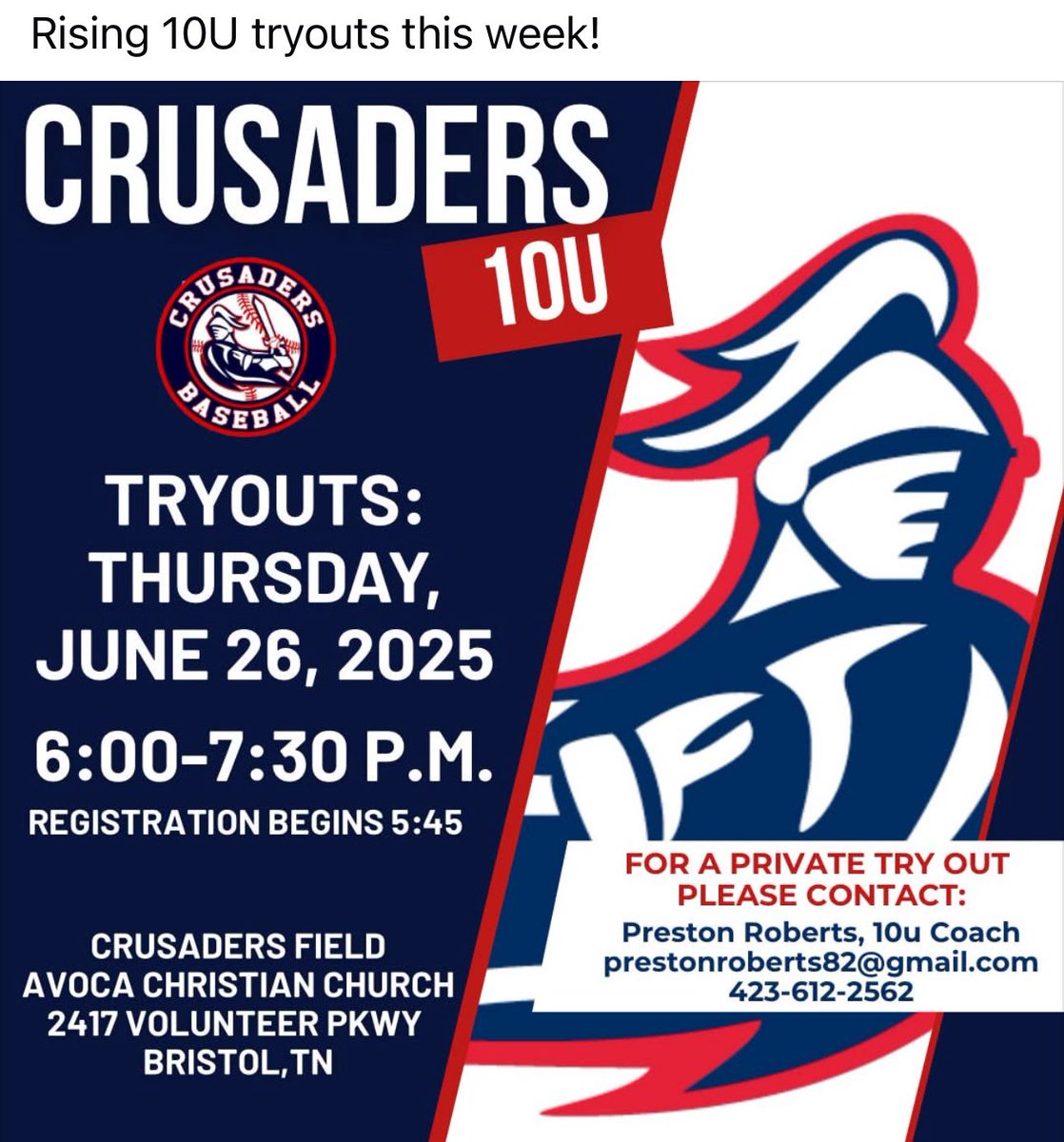 ETCrusaders's tweet photo. Rising 10u tryouts https://t.co/f9yXbYQYBt