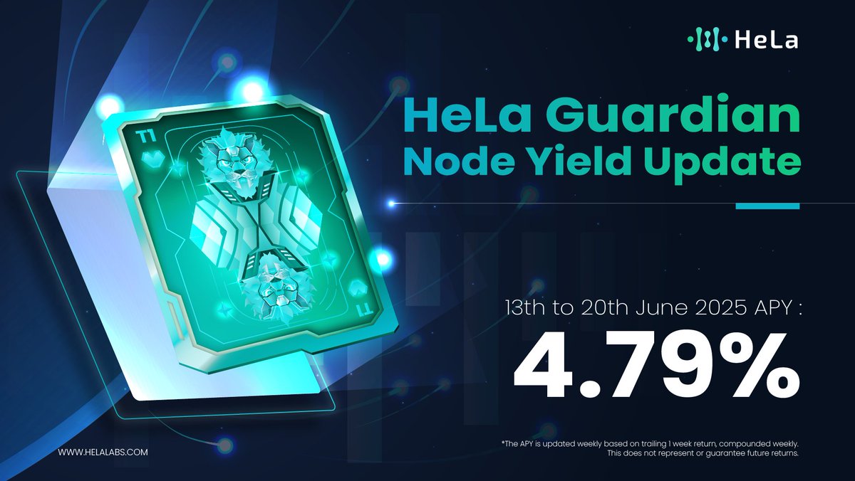HeLa Guardian Node Weekly Yield Update: 4.79% APY from 13th to 20th of June 2025!

Please note: Airdrops are a bonus and non-obligatory. They may be removed once HeLa tokens are tradable.

🔹 Get Your Node Today here: guardian.helalabs.com 
🔹 HLUSD Purchase Guide: