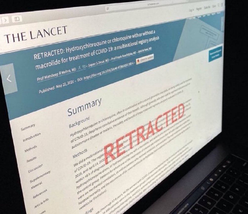 Never forget that the Lancet published and later retracted this completely fake study that was used to discredit hydroxychloroquine and mislead people to think it was dangerous.

This was the most egregious medical and academic fraud in the history of the world.