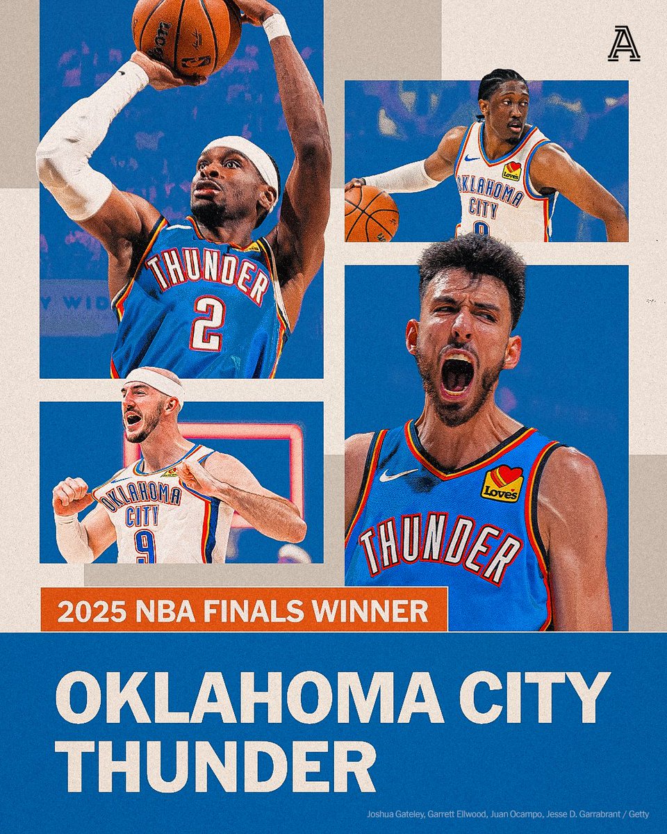 TheAthletic's tweet image. THE OKLAHOMA CITY THUNDER ARE YOUR 2024-2025 NBA CHAMPIONS 🏆