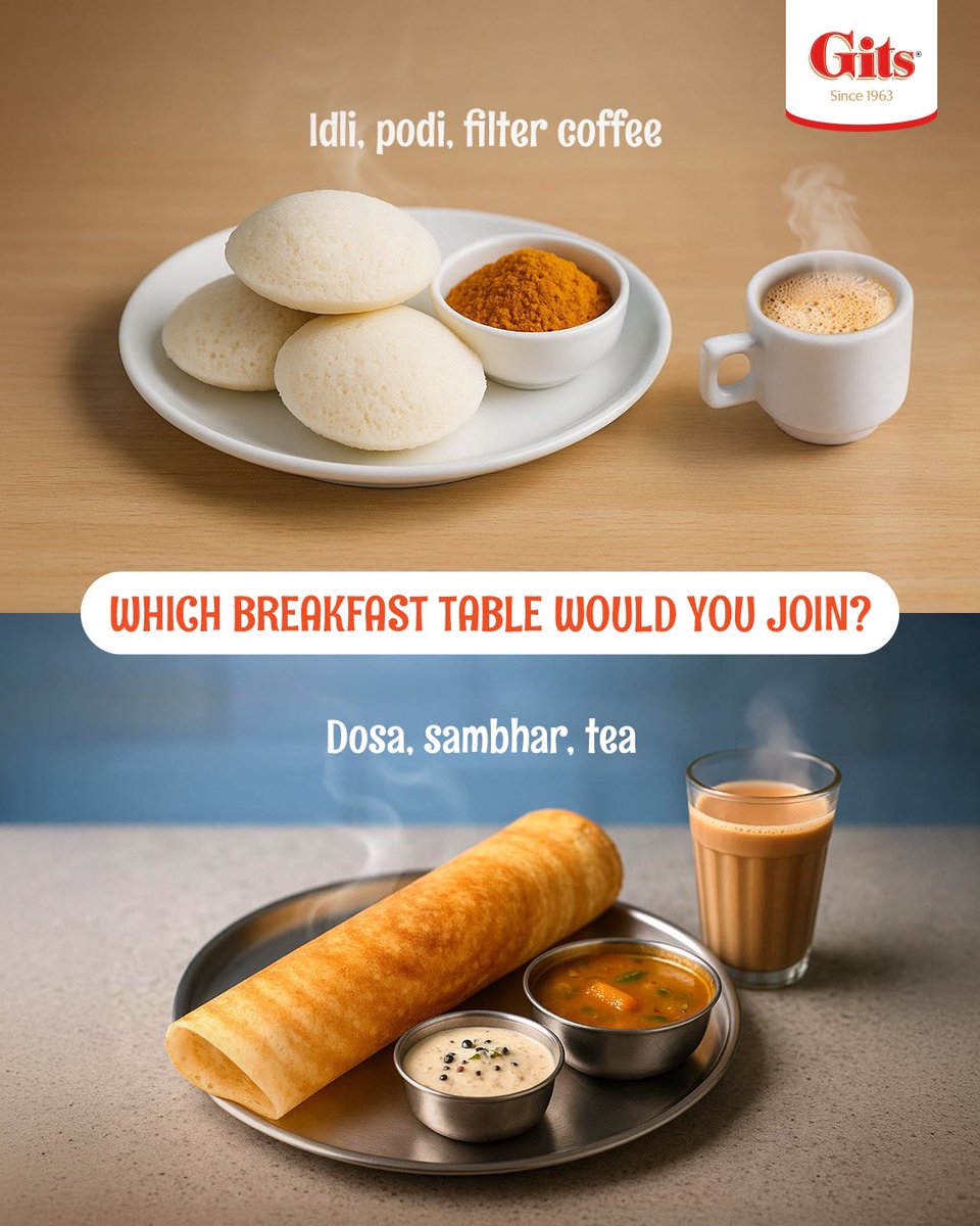 Two breakfast tables, both picture-perfect — but only one can be your pick. 

Comment 🧡 for the upper table &amp; 🤎 for the lower table.

#Dosa #Idli #BreakfastRecommendations #SouthIndianCuisine #Food #GITS