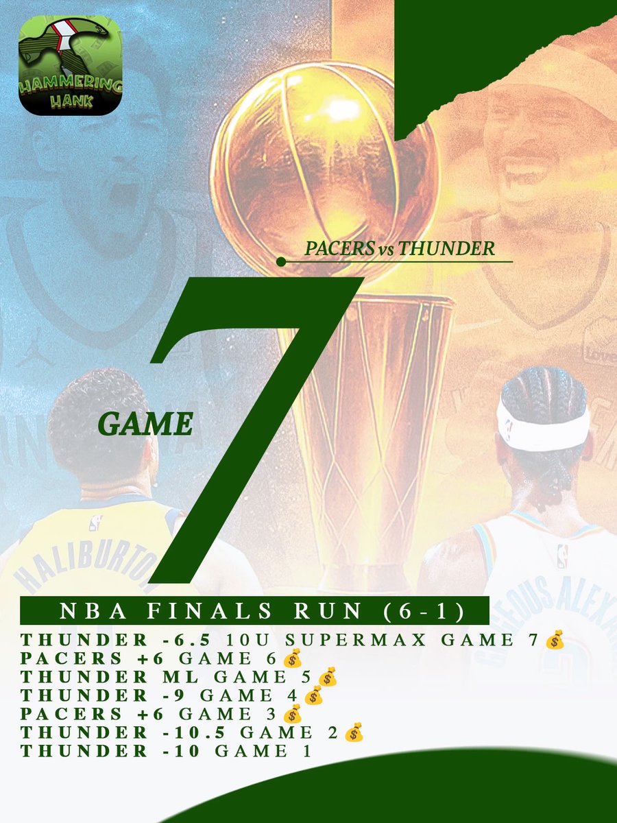 hammeringhankk's tweet photo. 𝗟𝗜𝗙𝗘𝗧𝗜𝗠𝗘 𝗩𝗜𝗣 𝗧𝗢 𝗦𝗢𝗠𝗘𝗢𝗡𝗘 𝗪𝗛𝗢 𝗟𝗜𝗞𝗘𝗦/𝗥𝗧❤️

✅ THUNDER -6.5 10U SUPERMAX🔮🔥

6-1 IN THE NBA FINALS (+27.89 UNITS)📈

👇🚨 BOGO SALE (50% OFF)🚨👇
https://t.co/PjQNfWNReS https://t.co/VORrIgidqX