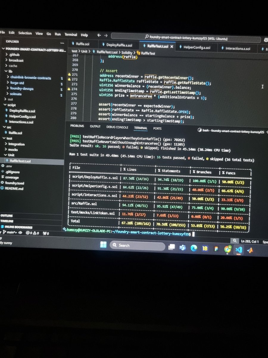 kumzzyy's tweet photo. More than 90% ๐๐ in my src test
Integration test next
#solidity #weKeepImproving #smartcontract
@CyfrinUpdraft https://t.co/MXhK8Lp59X