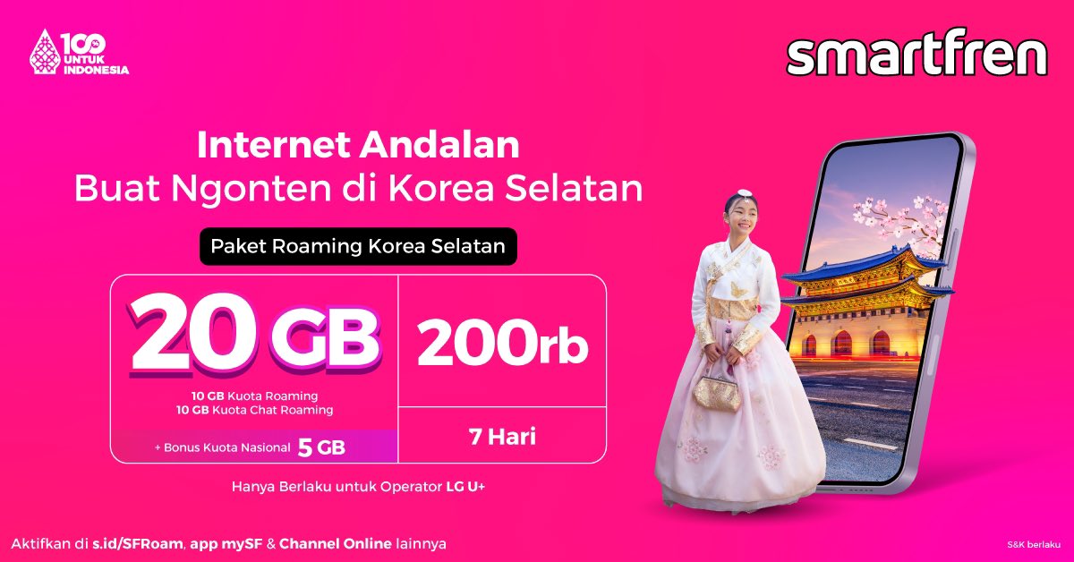 Traveling ke Korea Selatan dan ngonten waktu jalan-jalan di Pulau Jeju tanpa buffer pakai paket Roaming smartfren. Dapatkan Paket 20GB (+Bonus Kuota Nasional 5GB) di jaringan LG U+ cuma 200rb. 
Dapatkan di s.id/SFRoam , aplikasi MySmartfren, atau channel online