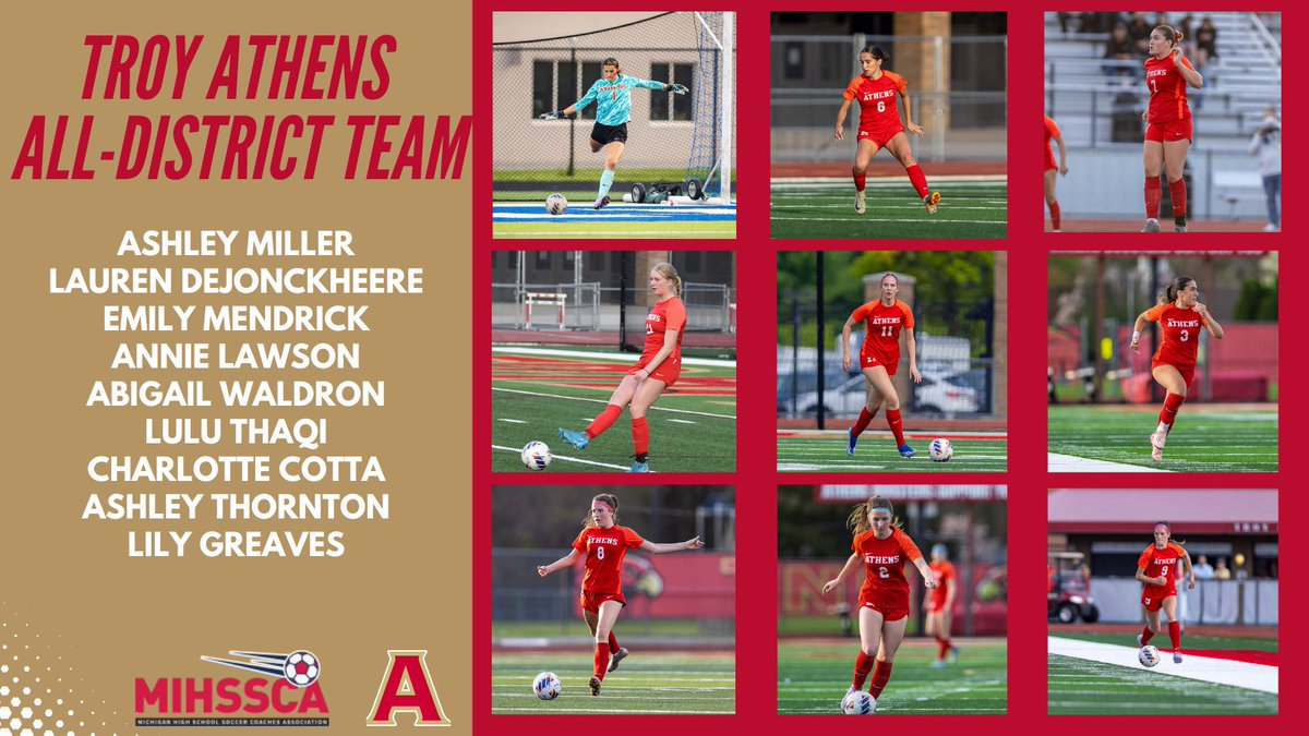 Troy Athens All-District Team
⚽️Lauren DeJonckheere 
⚽️Ashley Miller
⚽️Emily Mendrick
⚽️Annie Lawson
⚽️Abby Waldron
⚽️Lulu Thaqi
⚽️Charlotte Cotta
⚽️Ashley Thornton 
⚽️Lily Greaves 
#GoHawks