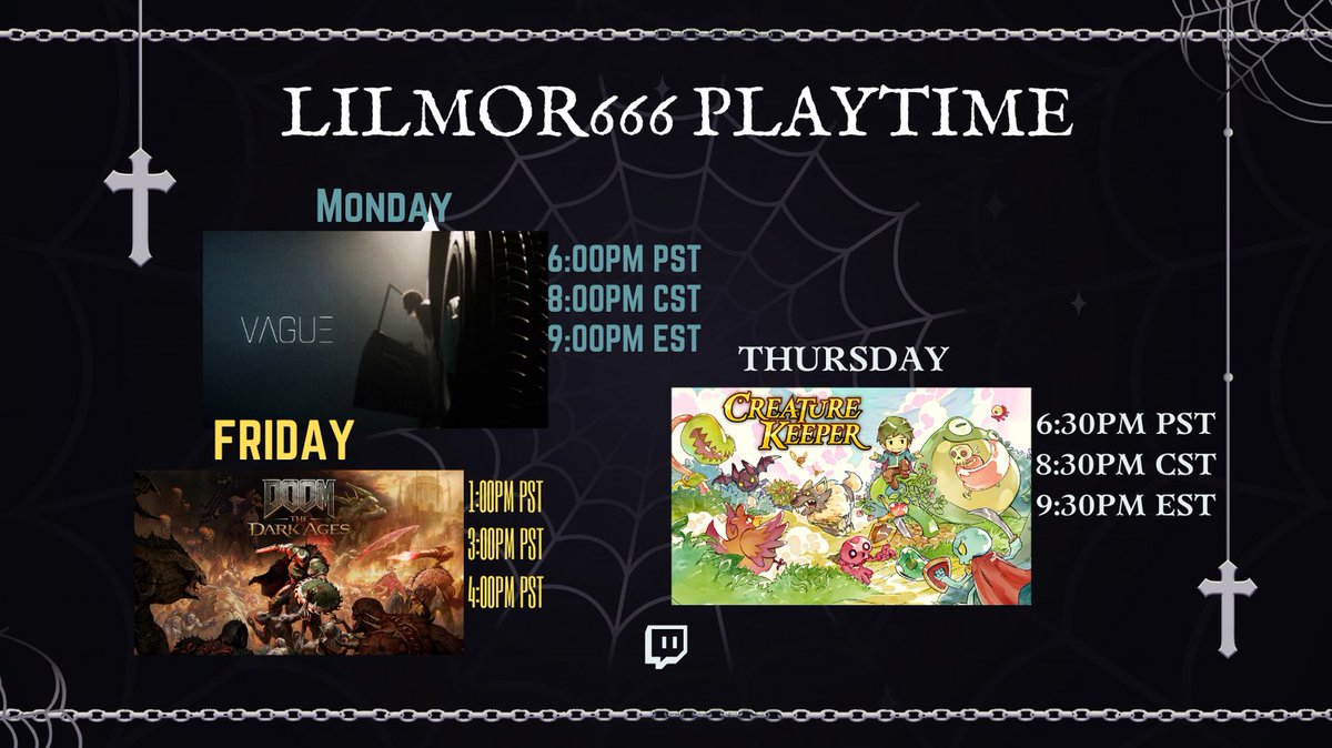 Lil_Mor_666's tweet photo. This weeks schedule 6/23/25-6/27/25 #twitch #streamer #demo https://t.co/piBQSJnvw6