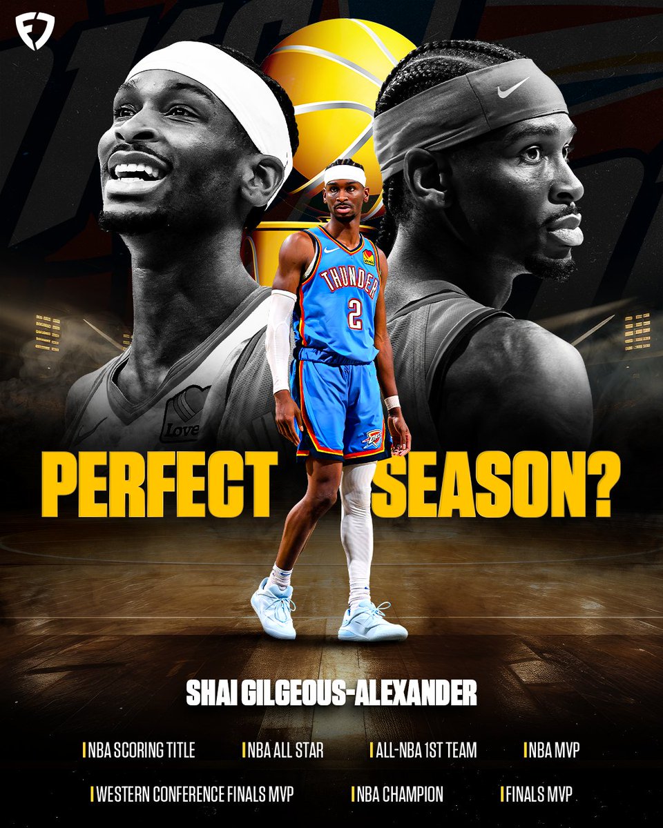 FDSportsbook's tweet photo. Scoring Title 
All-Star 
All-NBA First Team
NBA MVP 
WCF MVP
NBA CHAMPION ✍️
FINALS MVP ✍️

Did SGA just have the perfect season? 🐐 https://t.co/4ARkQU8ORR