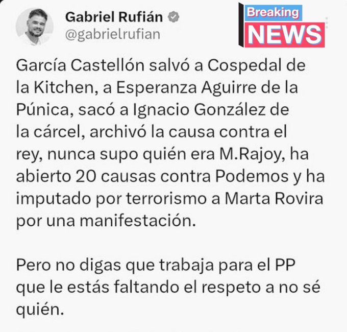 Tony_Espp's tweet photo. NADIE DESEA LAS DERECHAS DAN MUCHO ASCO
- - - - - - - - - - - - - - - - - - - - - - - -
No cabe señalar a un juez delito de prevaricación. Más, en 2022 Pablo Iglesias y en 2024 Irene Montero y @gabrielrufian, ponen sendas denuncias veladas, los hechos son muy obvios a la vista de todas para sacar conclusiones con respeto para no incurrir en ofensas hacia nadie. "Quería cargarse a PODEMOS, libró a 1/2 PP y se fue de rositas".
Son las mismas anomalías democráticas ¿verdad?, como los Hurtado, Peinado, etc contra PSOE.
¿Por qué? Un sistema pútrido, PURA CORRUPCIÓN del R77 cuya transparencia brilla por su ausencia: lawfare judicial, mediático y presidenta socialista o PSOE {ORGANIZADOS}. De igual modo q ayer Pedro Sánchez mostró el 2% y sus medios afines publican, pero la {REALIDAD 5% o puede que más}.