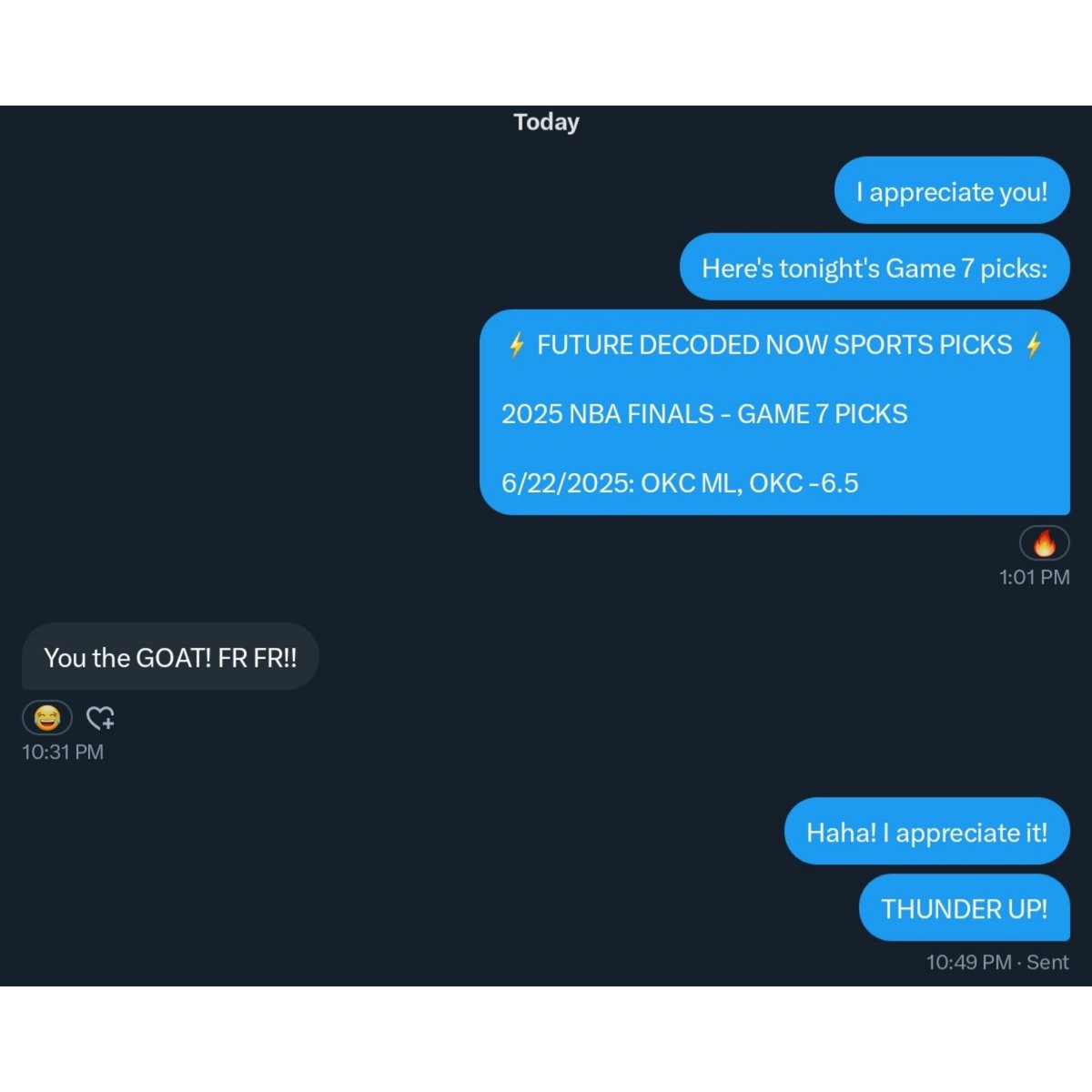 future_decoded's tweet image. ⚡⚡

2 FOR 2 TONIGHT IN THE #NBAFinals ! 🔥🔥

AS THE #THUNDERUP COVER &amp;amp; WIN AS PREDICTED IN GAME 7 !! 🔮

WE FINISHED THE PLAYOFFS W/ A 42 OF 45 RECORD  🤑

AND WE WERE PERFECT IN THESE NBA FINALS !! 🔥🔥🔥

#THUNDERUP ⚡🔥💪

CONGRATS TO ALL YOU SUPPORTERS !

I APPRECIATE YOU!