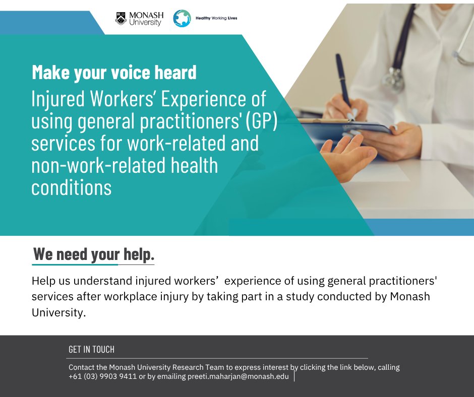 Have you made a #WorkersCompensation claim for a musculoskeletal injury in the last 5 years? <a href="/MonashUni/">Monash University</a> wants to hear from you! Help improve GP care for injured workers. Register by June 30 👉 monash.az1.qualtrics.com/jfe/form/SV_9E… #WorkersComp #Research