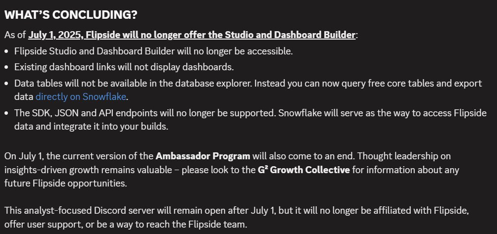 TKVResearch's tweet image. It’s tough to see @flipsidecrypto shutting down their dashboard builder on July 1st.
We’ve been using it since the early days — it’s where we built some of our best dashboards, ran campaigns, and explored new ideas. It wasn’t just a tool for us, it was part of our daily workflow…