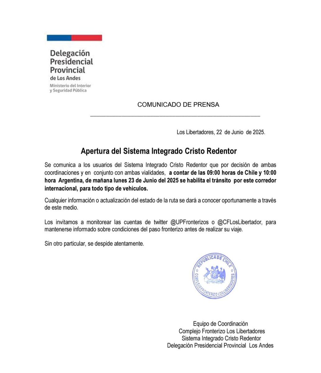 [INFORMACIÓN] ⚠️🏔️

Se informa la APERTURA del Complejo Fronterizo Los Libertadores, mañana lunes 23 de junio a contar de las 09:00 horas de 🇨🇱 para todo tipo de vehículos.