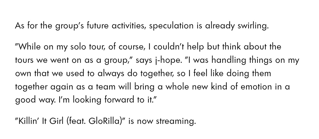 "I was handling things on my own that we used to always do together, so I feel like doing them together again as a team will bring a whole new kind of emotion in a good way. I’m looking forward to it." - Hobi about group tour