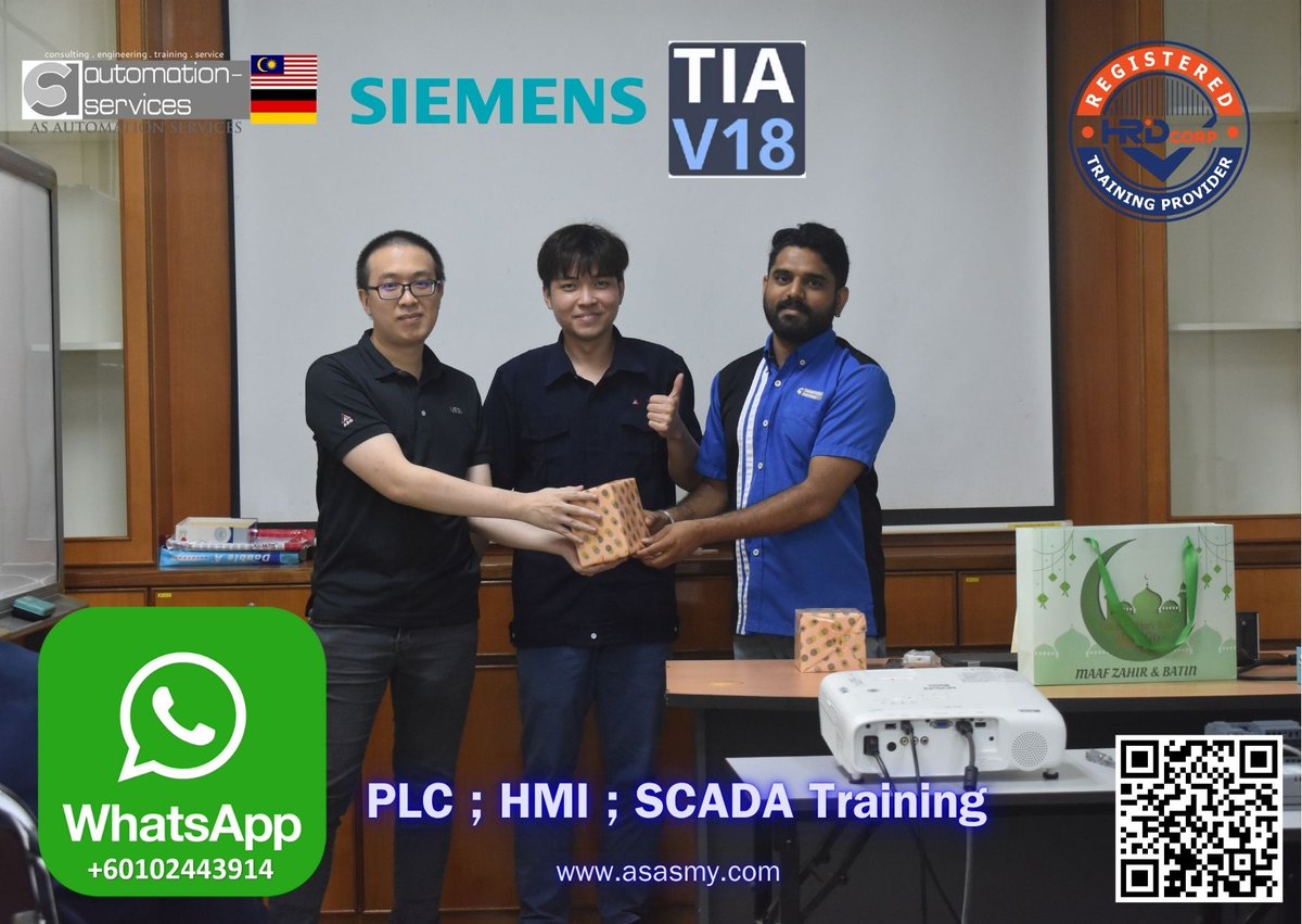 AutomationMy's tweet image. We just finished a 3-day #SiemensPLC #training using #TIAPortalV18 for a Johor safety glass maker. Participants gained skills in #LadderLogic, #HMI, #SCADA, and #AutomationMalaysia. This #HRDCorpClaimable course #IndustrialTraining &amp;amp; #UpskillMalaysia.: shorturl.at/Yjih8