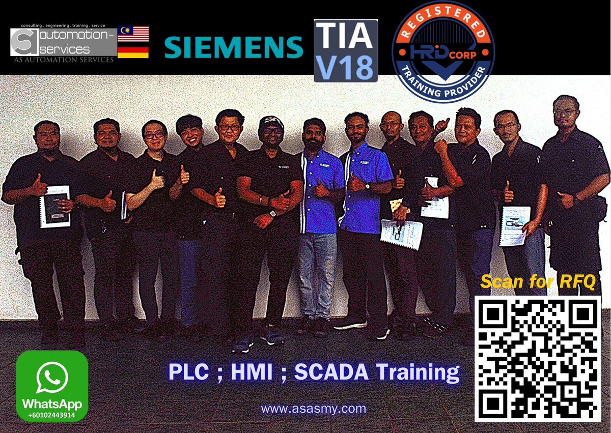 AutomationMy's tweet image. We just finished a 3-day #SiemensPLC #training using #TIAPortalV18 for a Johor safety glass maker. Participants gained skills in #LadderLogic, #HMI, #SCADA, and #AutomationMalaysia. This #HRDCorpClaimable course #IndustrialTraining &amp;amp; #UpskillMalaysia.: shorturl.at/Yjih8