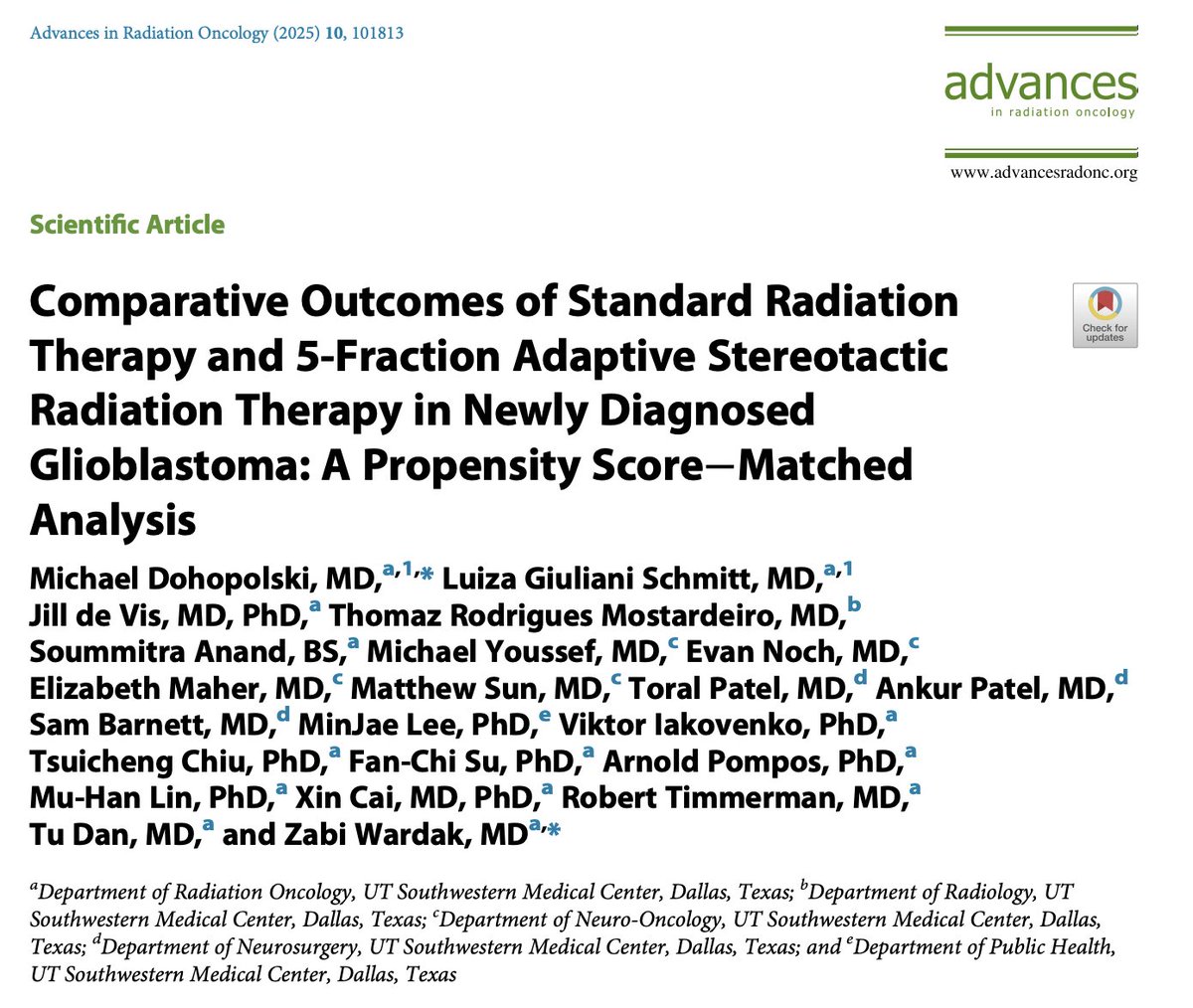 Excited to share our latest work in Advances in Radiation Oncology! 🚀

We compared outcomes of 5-fraction adaptive MRI-guided RT for newly diagnosed glioblastoma vs. 15- &amp; 30-fraction regimens using propensity score matching.

📄doi.org/10.1016/j.adro…